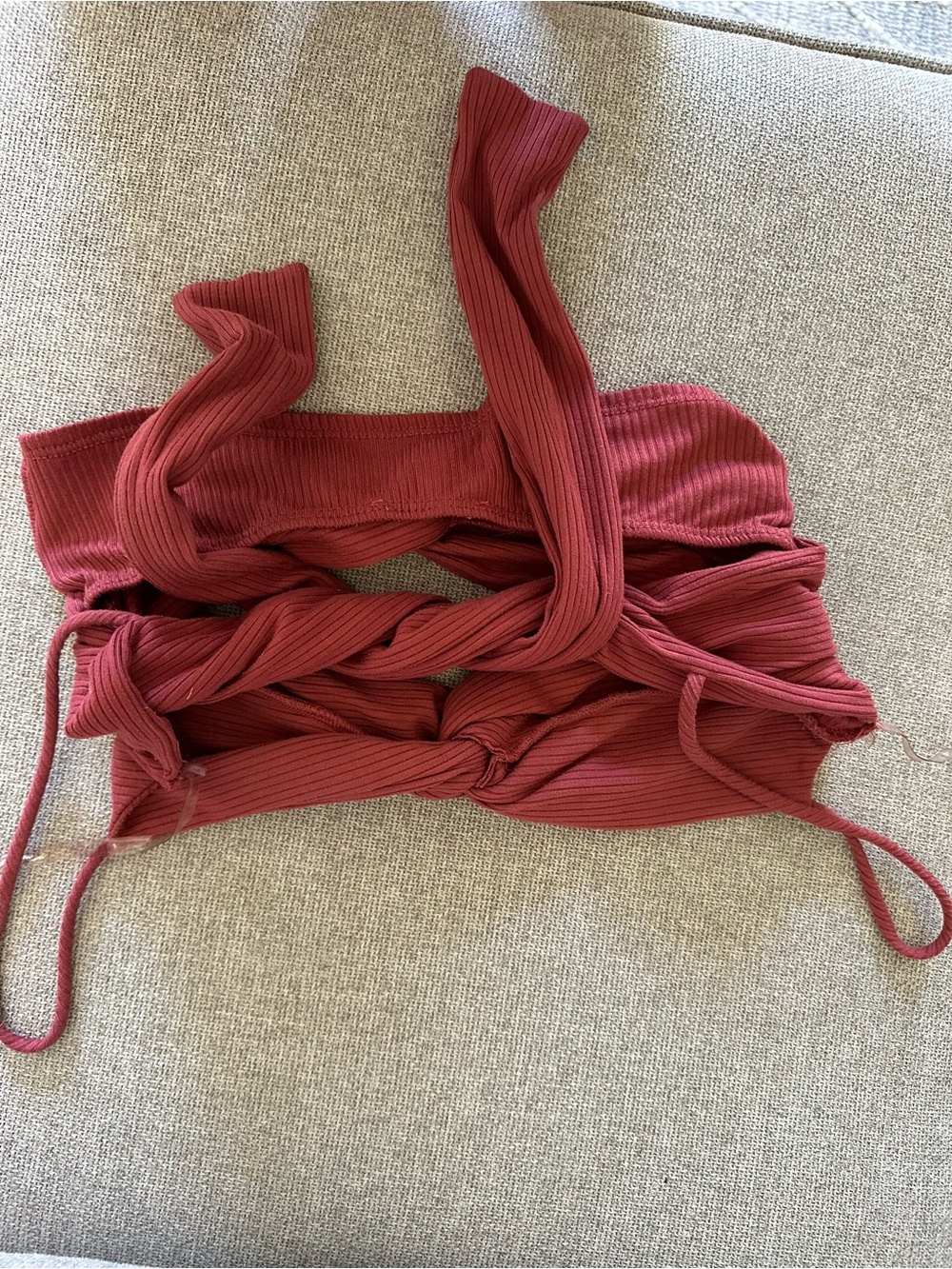 Rust Ribbed Knot-Front Crop Top - Women - Picture 2 of 3